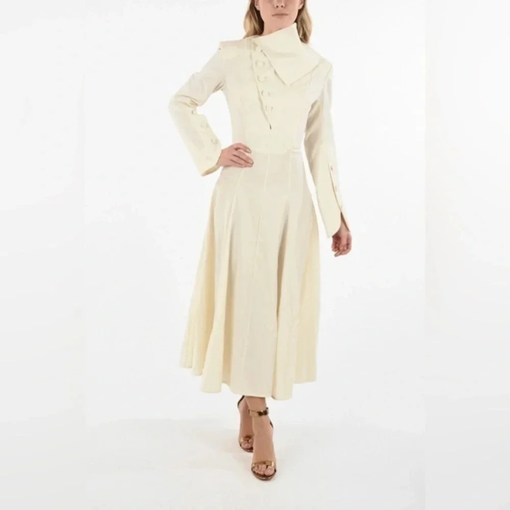 MATERIEL TBILISI‎ Beige Wool Blend A Line Midi Dress Size Large